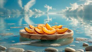 Plum Slices on Wooden Plate Floating in Calm Water Reflection photo