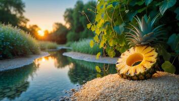 Sliced Pineapple on Riverbank at Sunset with Greenery and Reflections photo