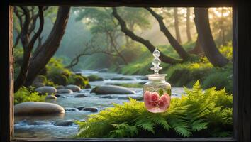 Roses in Glass Jar by River Viewed From Window Still Life photo