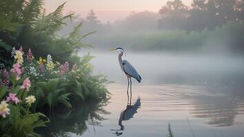 Heron Standing in Misty Lake at Sunrise with Lush Foliage photo