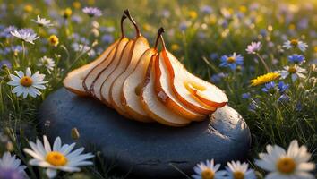 Sliced Pear on Stone Among Wildflowers Natural Food Still Life photo