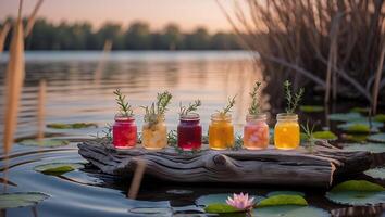 Colorful Fruit Jars on Log Floating in Lake at Sunset photo