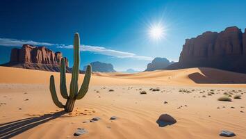 Cactus Standing in Desert Landscape with Sand Dunes and Blue Sky photo