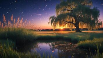 Willow Tree Glows at Sunset by Pond Under Starry Night photo