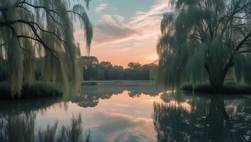 Tranquil Lake Reflecting Willow Trees and Pastel Sky at Sunset photo