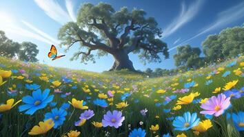 Vibrant Flower Meadow with Old Tree and Butterfly Flying Over photo