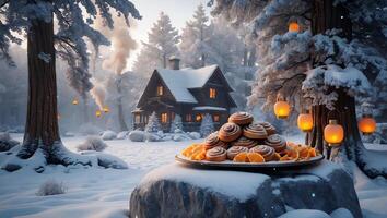 Cinnamon Rolls and Oranges in Snowy Winter Cabin Scene photo