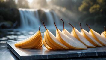 Arrangement of Fresh Pear Slices Against a Waterfall Backdrop photo