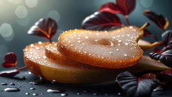 Pear Slices Still Life with Water Droplets and Red Leaves photo