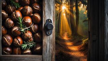 Chestnuts and Forest View Through Rustic Wooden Doorway Creates Contrast photo