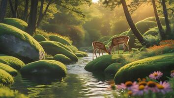 Deer Grazing by Gentle River in Serene Forest Landscape Scene photo