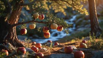 Harvesting Apples in a Sunny Forest Setting Near Flowing Water photo