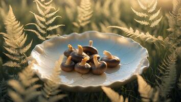 Shiitake Mushrooms on Plate with Ferns in Golden Sunlight photo