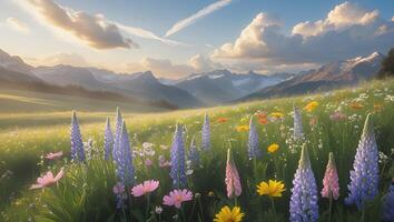 Lupine Flowers Blooming in a Mountain Meadow at Sunset Scenery photo