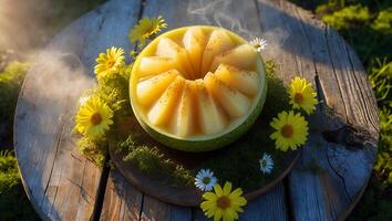 Preparing Melon Dessert with Daisy Flowers on Rustic Wooden Table photo