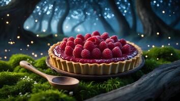 Raspberry Tart in Enchanted Forest Glade with Wooden Spoon photo