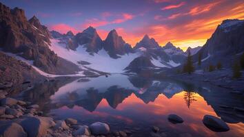 Reflecting Mountain Peaks at Sunset Over Still Lake Water photo