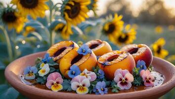 Grilled Peaches Served on Plate Surrounded by Pansies and Sunflowers photo