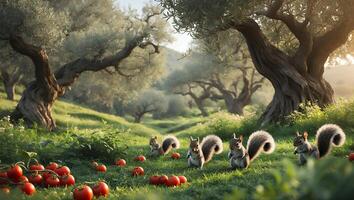 Squirrels Gathering Tomatoes in Sunny Olive Grove on Grassy Meadow photo