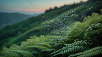 Spiderweb with Water Droplets in Green Ferns and Mountain Landscape photo