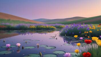 Reflections on Calm Pond Surrounded by Flowers and Rolling Hills photo