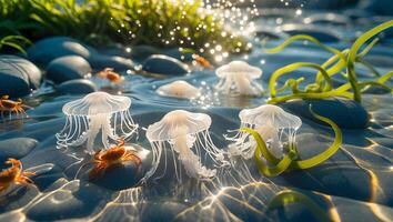 Jellyfish and Crabs at Shoreline with Sparkling Water Reflections photo