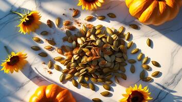 Pumpkin Seeds Still Life with Sunflowers on Marble Background photo