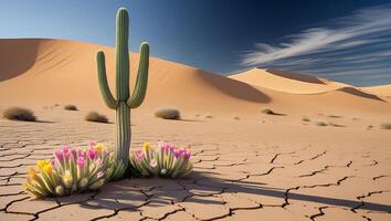 Cactus Blooming in Desert Landscape with Sand Dunes and Blue Sky photo