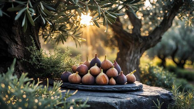 Fresh Figs on Stone Slab with Sun Rays in Olive Grove photo