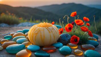 Still Life with Poppies, Sphere, and Colorful Pebbles in Nature photo