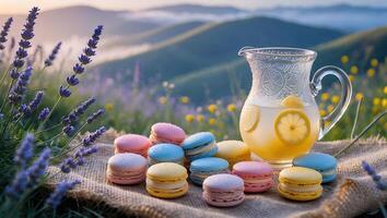 Colorful Macarons with Lemonade Pitcher on Burlap in a Lavender Field photo