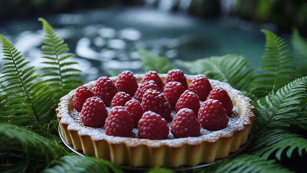Raspberry Tart Dessert with Powdered Sugar and Lush Green Ferns photo