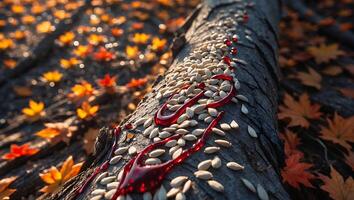 Scattered Seeds and Red Gel on a Fallen Tree Trunk Autumn photo