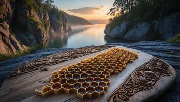 Honeycomb Pattern on Carved Wooden Board with Lake and Cliff View photo