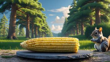 Corn on the Cob in Nature with Curious Squirrel Nearby photo