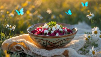 Beet Salad with Feta Cheese Sits in Sunny Wildflower Meadow photo