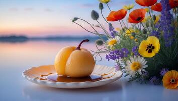 Pear on Plate with Caramel and Flowers Against a Blurred Lake photo