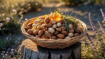 Nuts in Basket with Honey Drizzle on Wooden Stump Outdoors photo