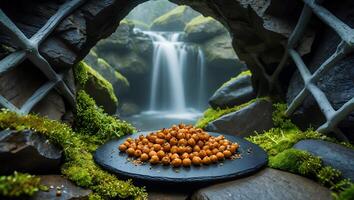 Pile of Round Snacks by Tranquil Waterfall in Mossy Grotto photo
