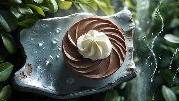Delicious Chocolate Dessert with Whipped Cream on Rustic Wooden Plate photo
