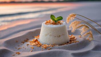 Coconut Dessert on Sandy Beach at Sunset with Mint and Grass photo