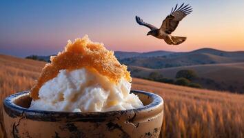 Bowl of Food with Bird Flying Over Golden Hills at Sunset photo