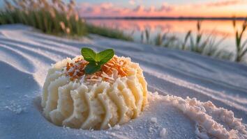 Dessert at the Beach with Coconut and Mint During Sunset photo