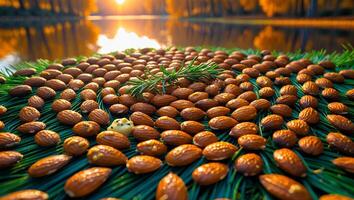 Almond Seeds and Rosemary on Green Background with Sunset Reflection photo