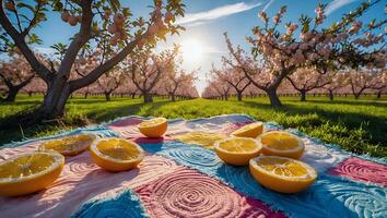 Enjoying Fresh Sliced Oranges on Quilt in Orchard During Spring Day photo