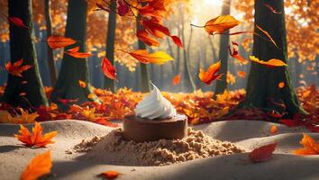 Autumn Dessert Delight Chocolate Cake with Whipped Cream in Forest photo