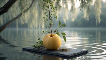 Apple with Sprout on Slate in Calm Lake Morning Scene photo