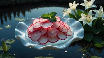 Radish Slices and Mint Arrangement on Plate Floating on Water photo