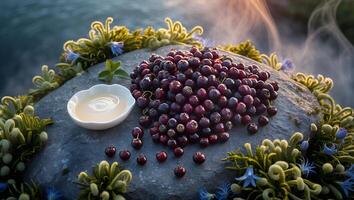 Serving Chokeberries with Sauce on a Stone with Floral Decoration photo