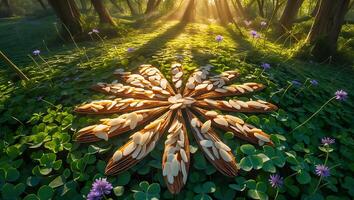 Almond Pattern Laying on Clover Field in Forest Sunlight photo